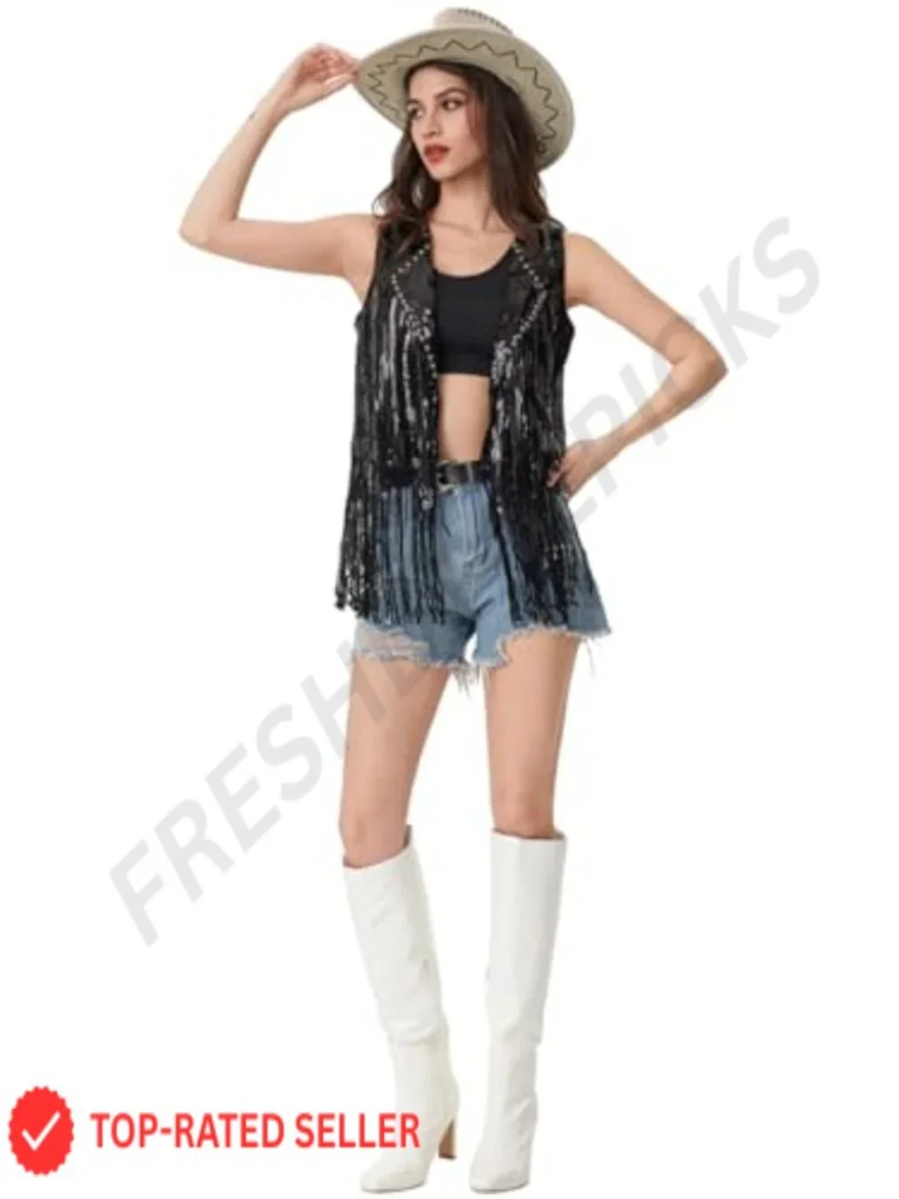 Sequin Fringe Vest Sleeveless Open Front Glitter Party Cowgirl Concert Jacket